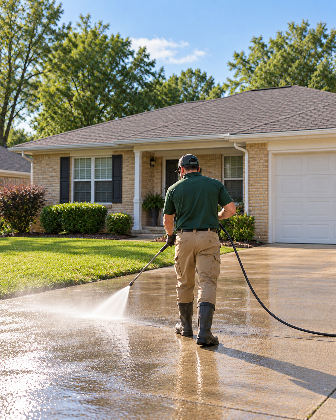 Illustrative scene of a power-washing professional viewed from behind cleaning a basic ranch home's driveway